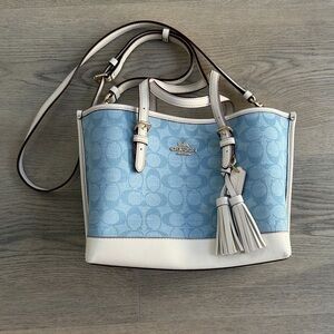 Coach Light Blue Canvas Tote with White Trim and Tassels